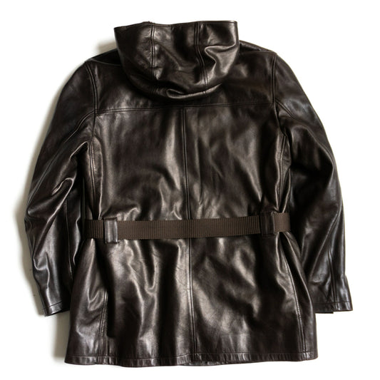 Prada Leather Hooded Lined Coat Brown Size 52