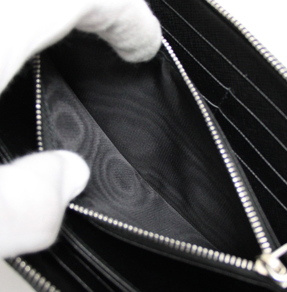 PRADA Saffiano Leather Zip Around Big Logo Wallet Black