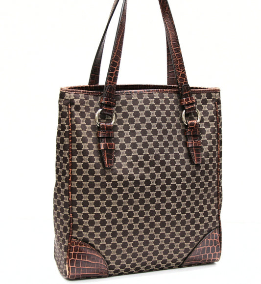 CELINE Macadam Canvas Croc Embossed Bag Brown Size ONE SIZE