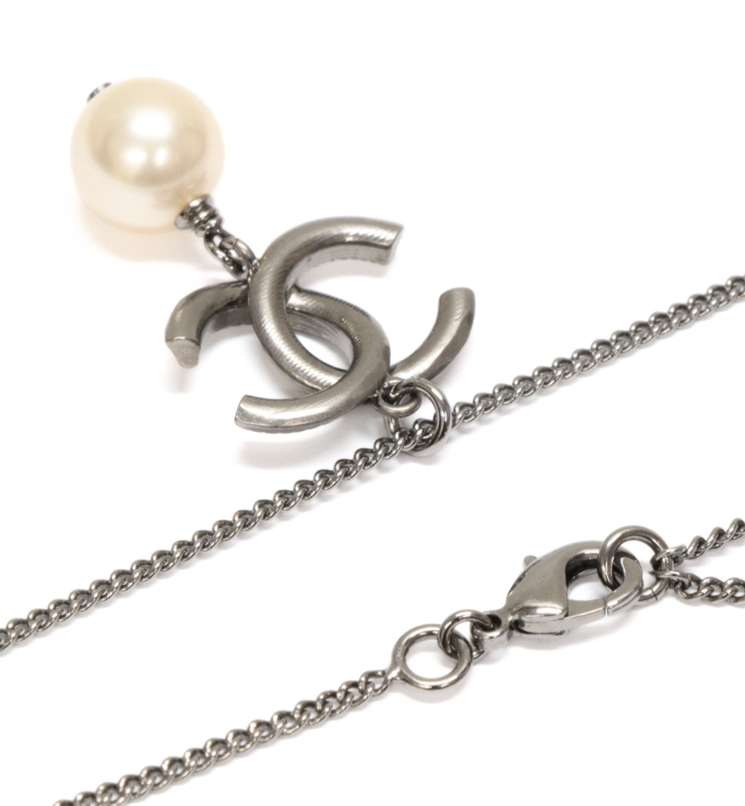 CHANEL Coco Mark Faux Pearl Necklace Silver Size ONE SIZE