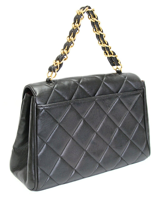 CHANEL Matelasse Lambskin Chain Handbag Black Size ONE SIZE