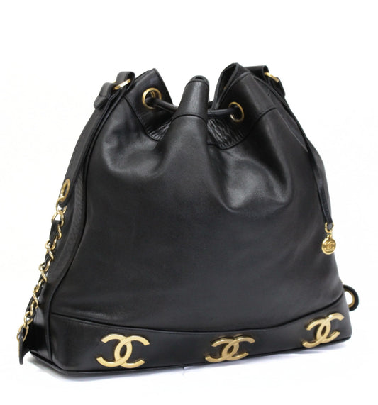 CHANEL Triple Coco Drawstring Lambskin Black Shoulder Bag Size ONE SIZE