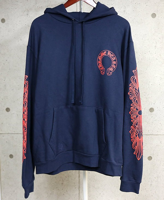 CHROME HEARTS Horseshoe Floral Cross Hoodie Navy Blue Size M