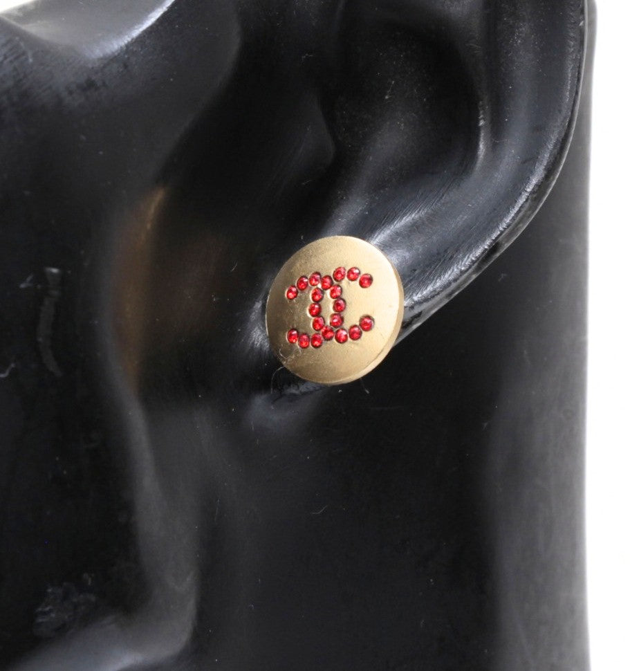 CHANEL Coco Mark Round Red Earrings Gold
