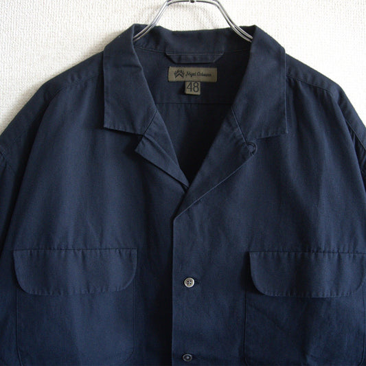 NIGEL CABOURN Cotton Twill Open Collar Shirt Navy Size 48