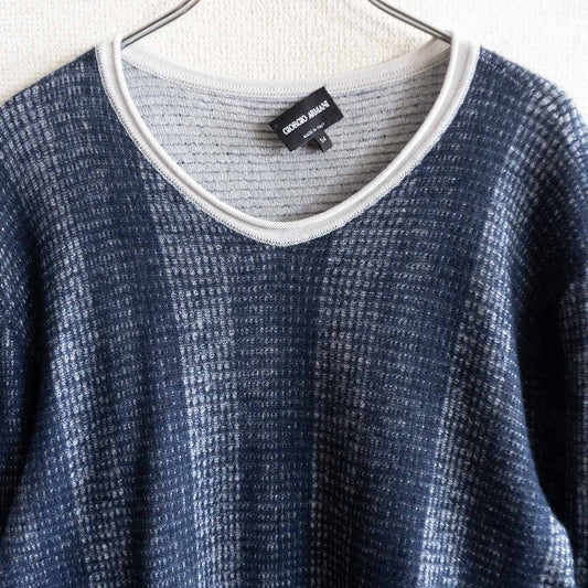 GIORGIO ARMANI Blue Cashmere Blend Jacquard Knit Top Size 54