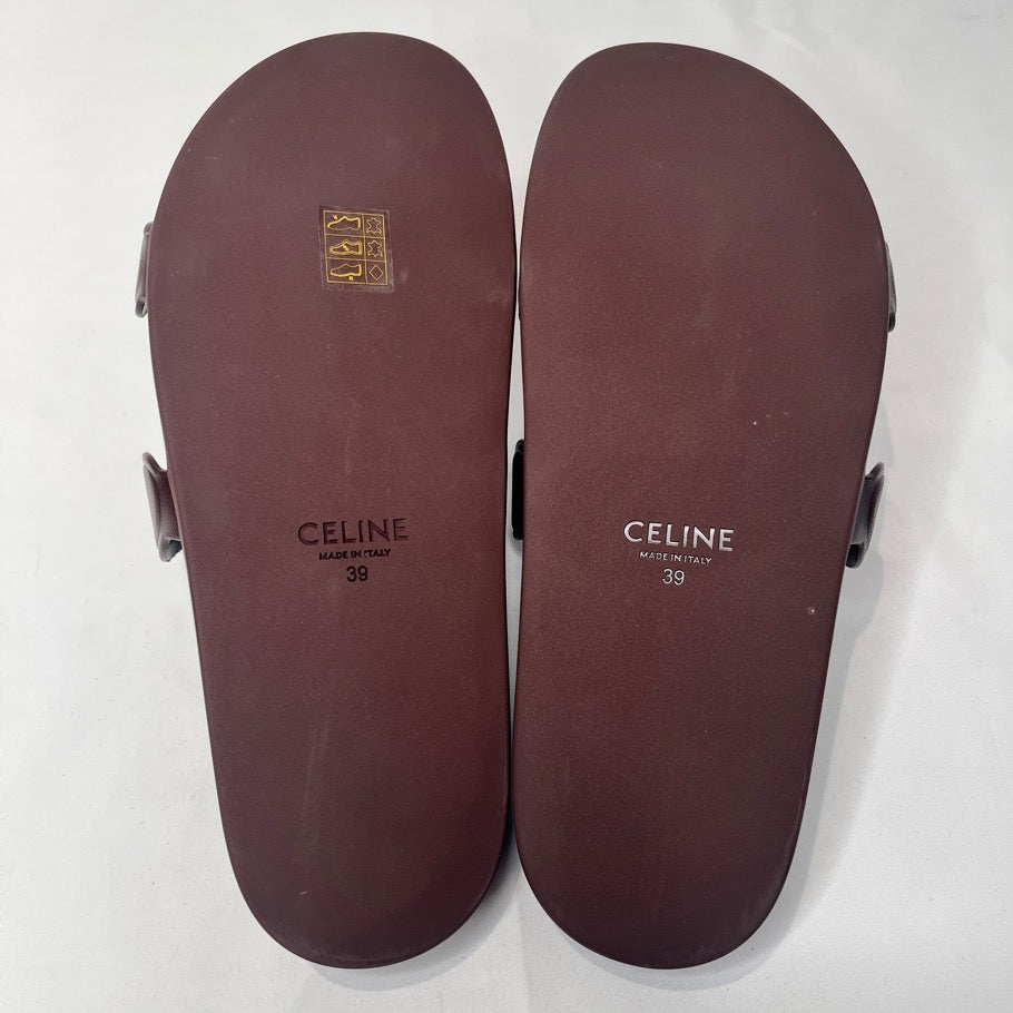 CELINE Triomphe Leather Slide Sandals Brown Size 39