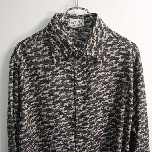 HERMES Sellier Button All-Over Pattern Silk Shirt Size 44