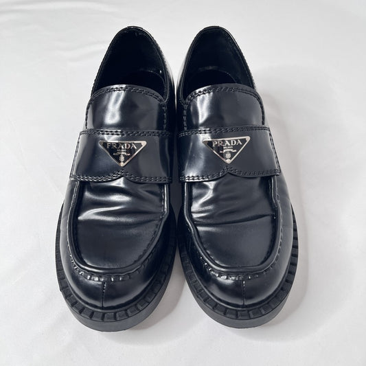 PRADA Plate Logo Black Leather Loafers Size 24.5cm
