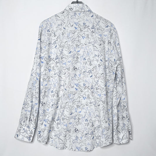 HERMES White Horse Dragon Print Long Sleeve Shirt White Blue Size M