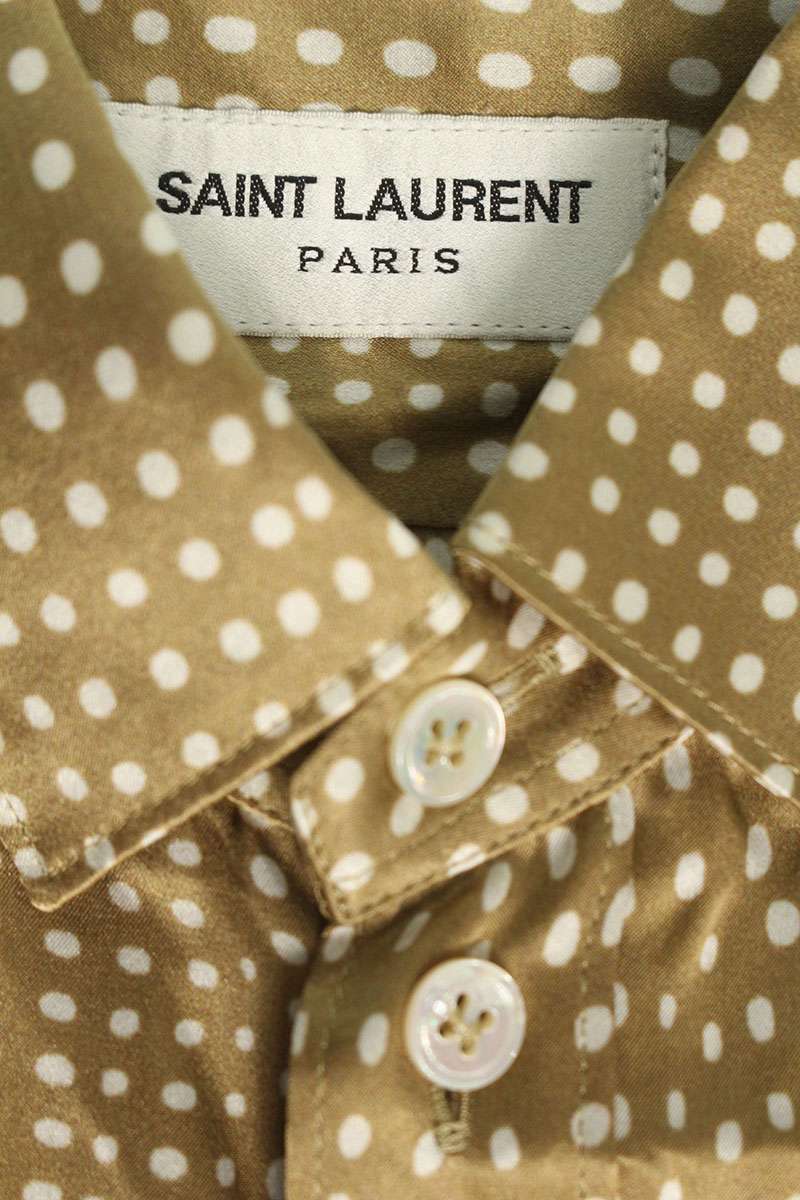 Saint Laurent Paris All-Over Print Silk Long Sleeve Shirt Beige Size XS