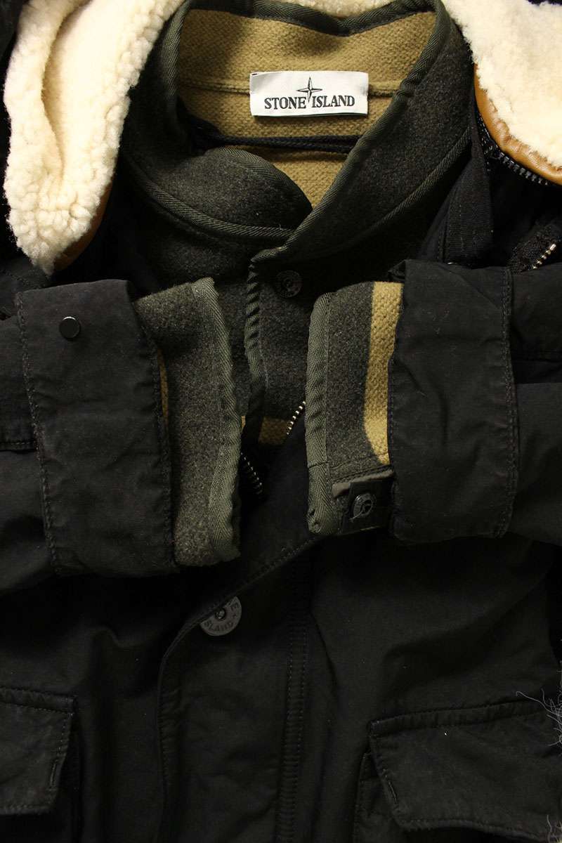 STONEISLAND Wool Lined Mouton Hooded Coat Black Size M