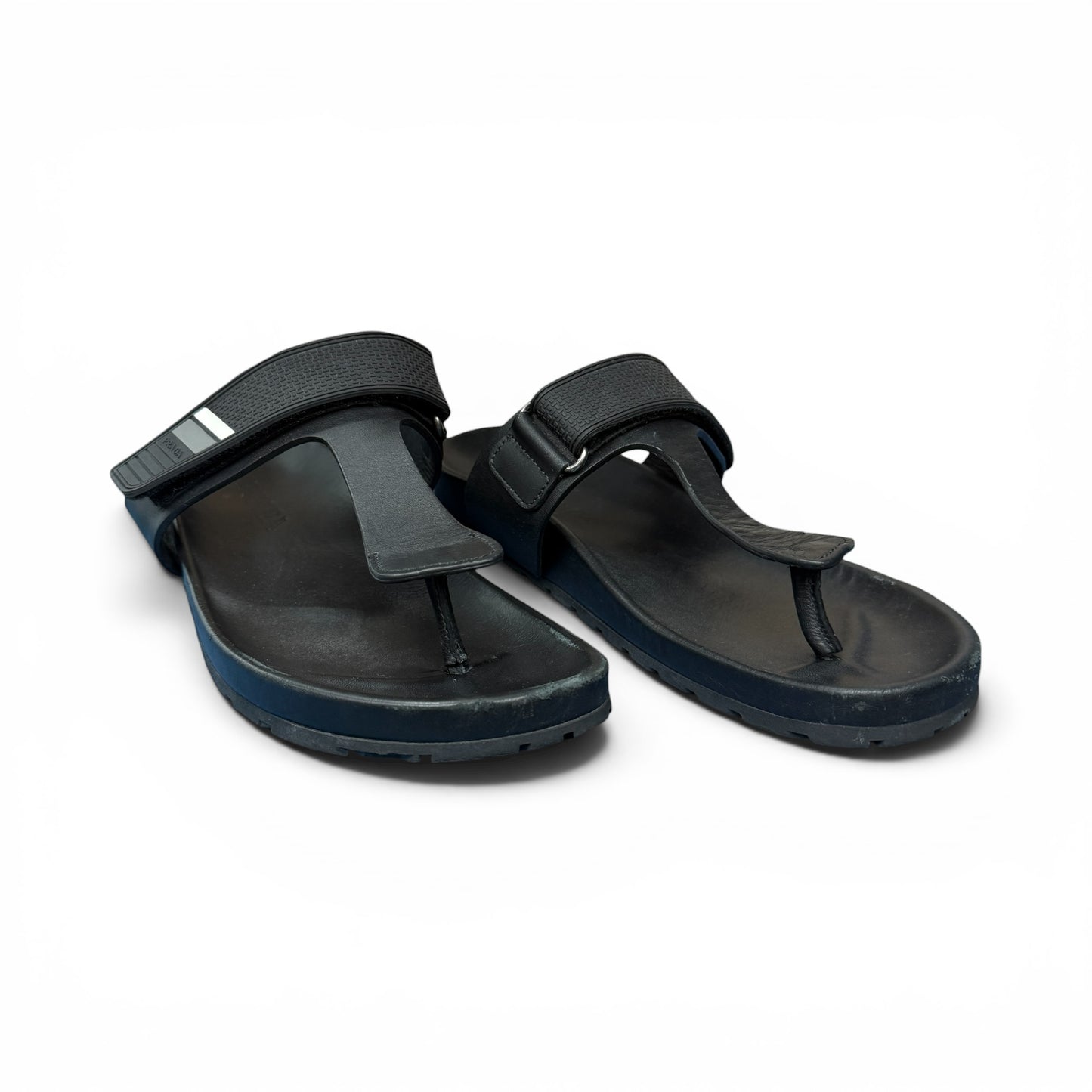 PRADA Leather Rubber Logo Thong Sandals Black