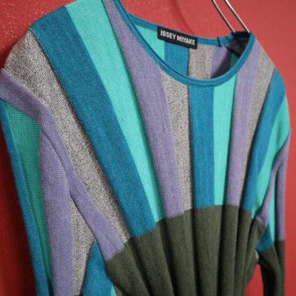 Issey Miyake Green Stripe 3D Pleated Knit Size 4