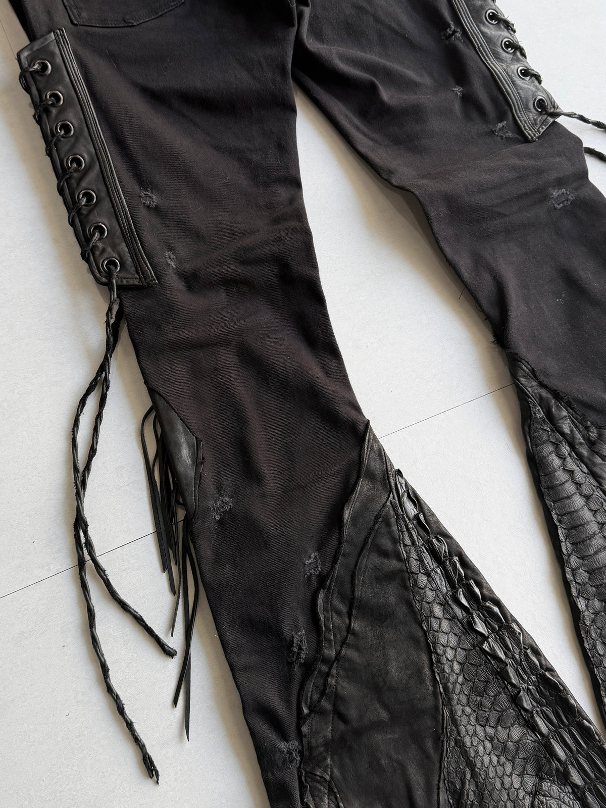 Shohei Takamiya Lace-up Leather Flared Denim