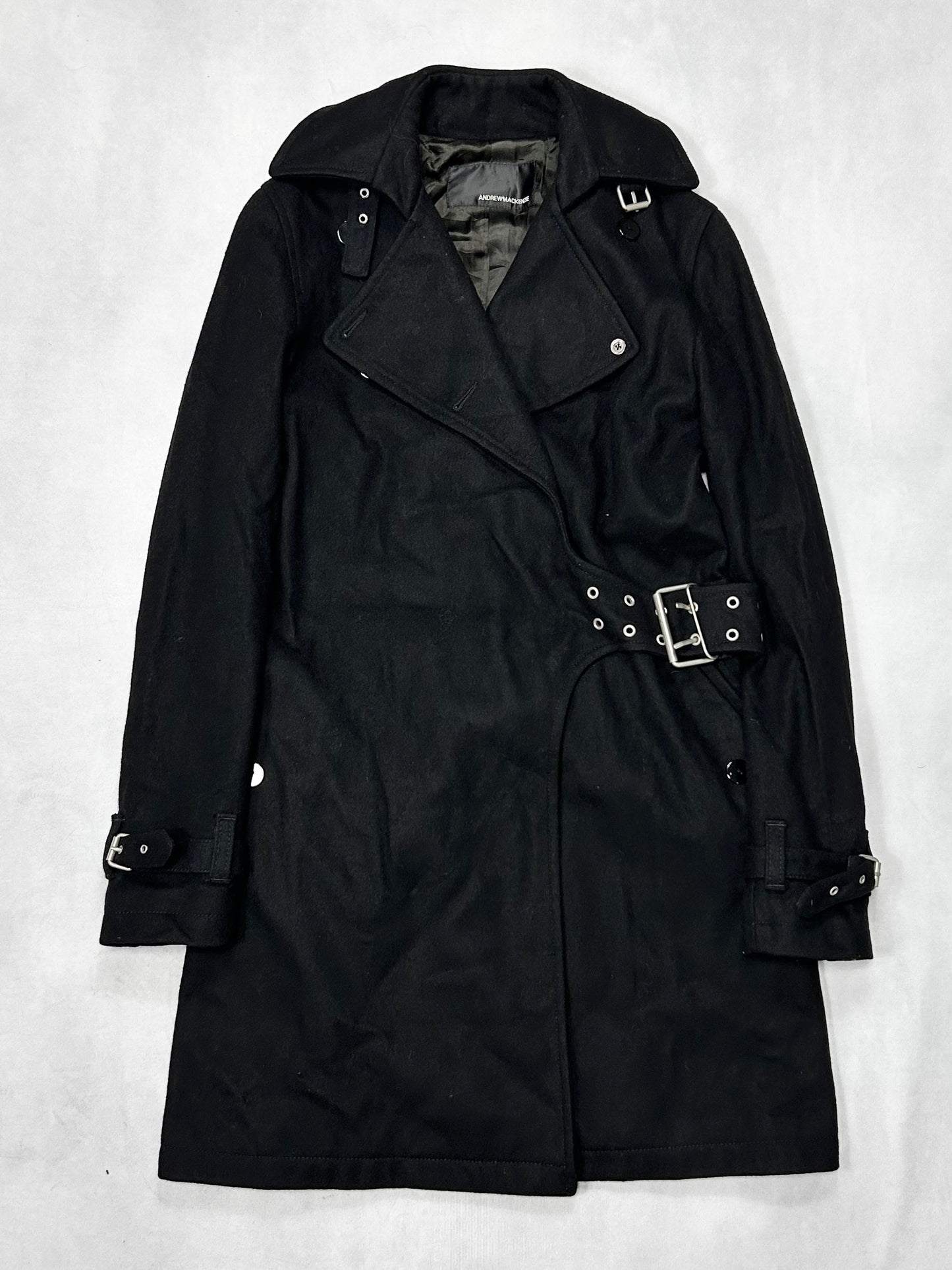 Andrew Mackenzie Black Design Wool Trench Coat Size 38