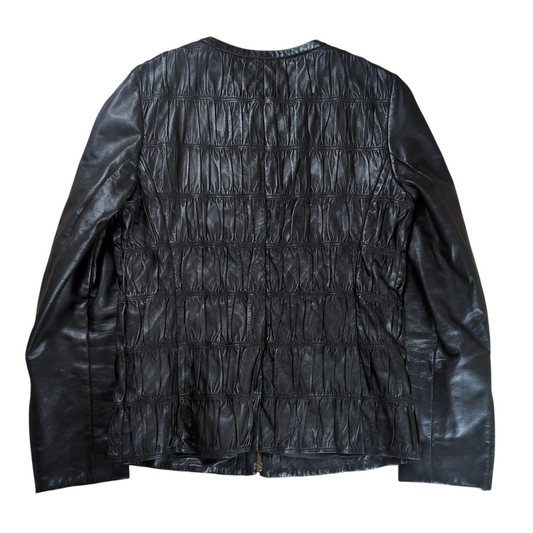 PRADA Metal Logo No Collar Leather Jacket Black