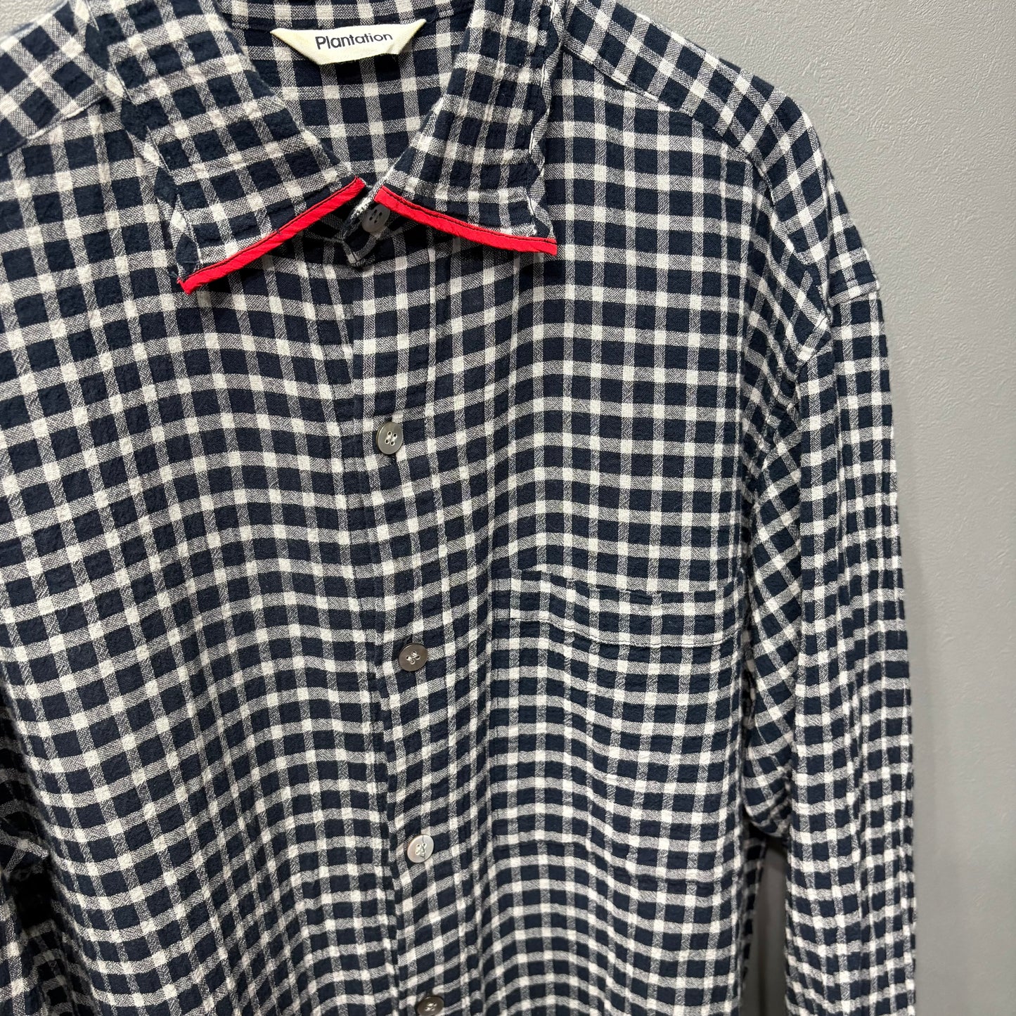 Plantation 95SS Navy Crinkled Plaid Shirt Size M