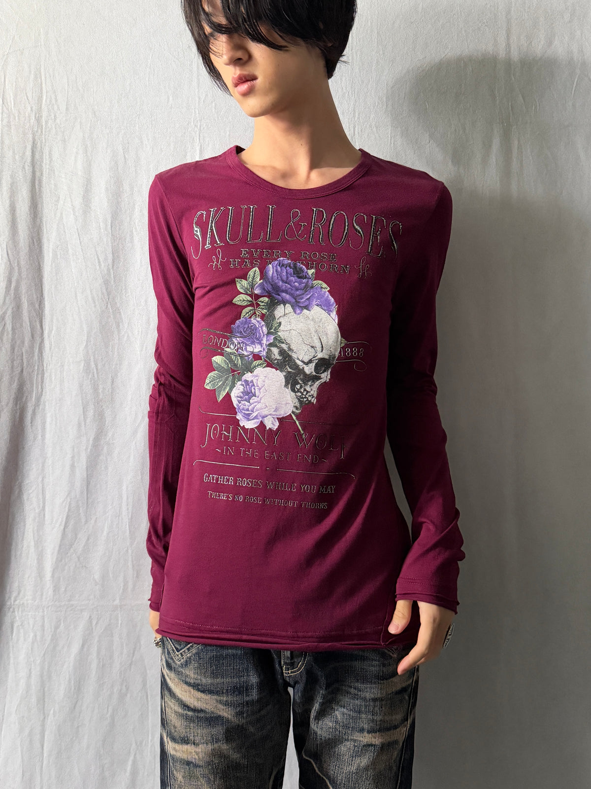 JHONNY WOLF Skull & Roses Graphic Long Sleeve Shirt Size 2