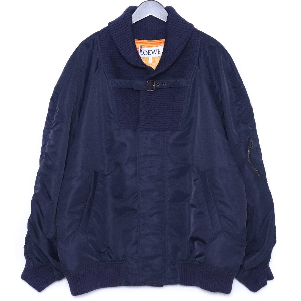 LOEWE Leather Patch Oversized Bomber Jacket Navy Size 42