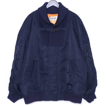 LOEWE Leather Patch Oversized Bomber Jacket Navy Size 42