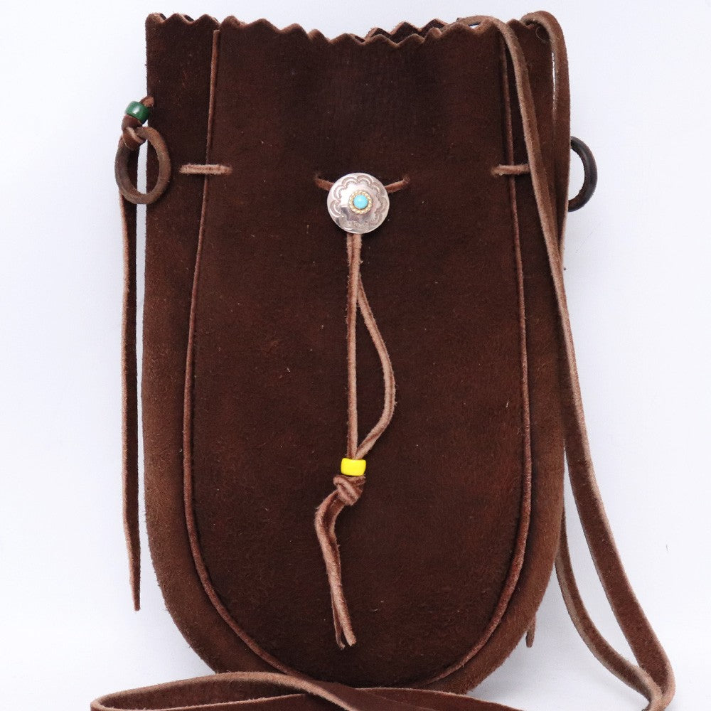 GORO'S Turquoise Concho Leather Drawstring Bag Brown Size L