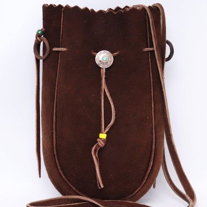 GORO'S Turquoise Concho Leather Drawstring Bag Brown Size L