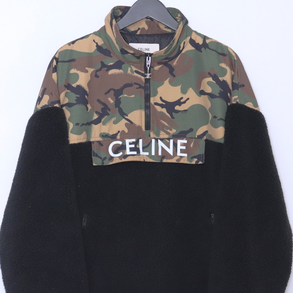 CELINE Camo Bi-Material Half-Zip Fleece Jacket Black Size 50