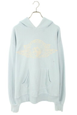 Vintage Saint Michael Tops - SAINT MICHAEL 21SS Wing Logo Print Distressed Pullover Hoodie Light Blue Size L - Authentic Archive
