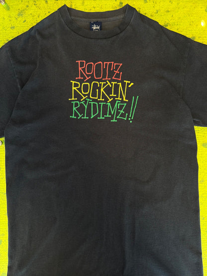 Vintage STUSSY Tops - old stussy 00’s ROOTZ ROCKIN RYDIMZ T-shirt Black Size L - Authentic Archive