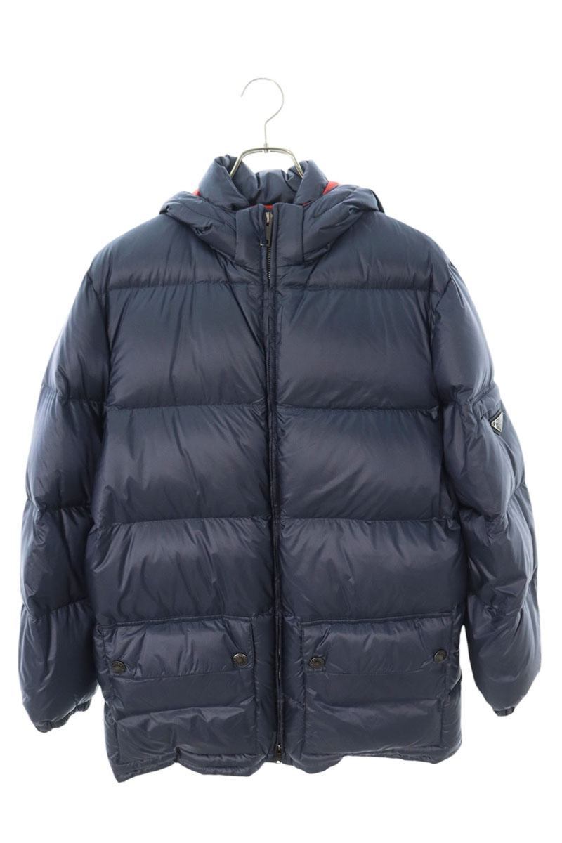 PRADA Triangle Logo Nylon Hooded Down Coat Navy Size S