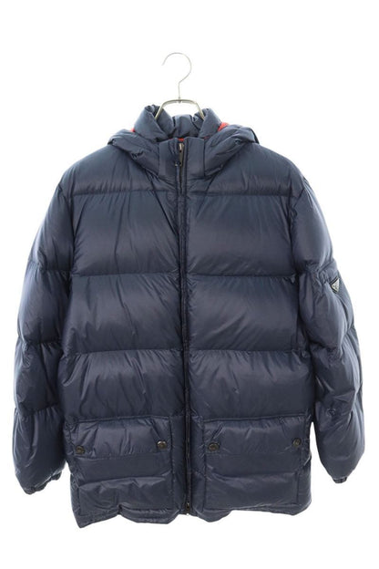 PRADA Triangle Logo Nylon Hooded Down Coat Navy Size S