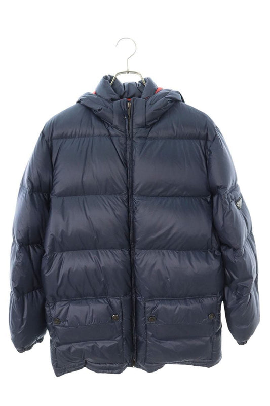 PRADA Triangle Logo Nylon Hooded Down Coat Navy Size S