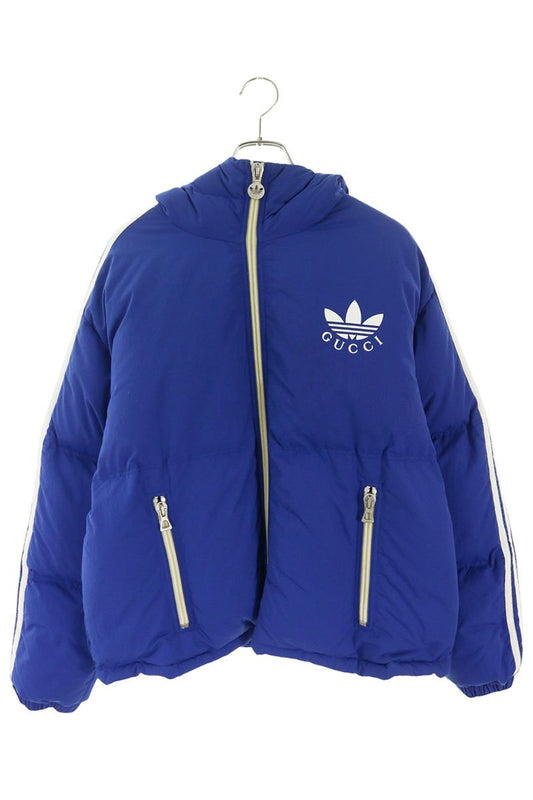 GUCCI Blue Hooded Logo Print Down Jacket Size 44