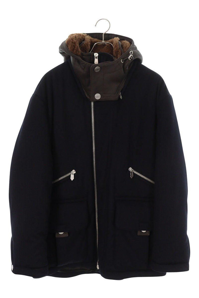 HERMES Lamb Leather Hooded Cashmere Zip Coat Multi Size M