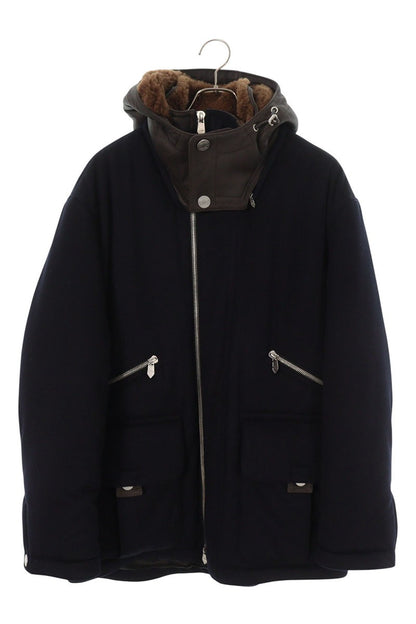 HERMES Lamb Leather Hooded Cashmere Zip Coat Multi Size M