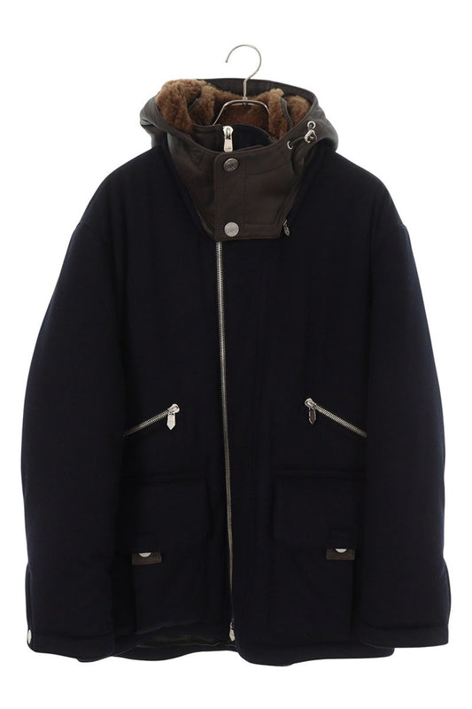 HERMES Lamb Leather Hooded Cashmere Zip Coat Multi Size M