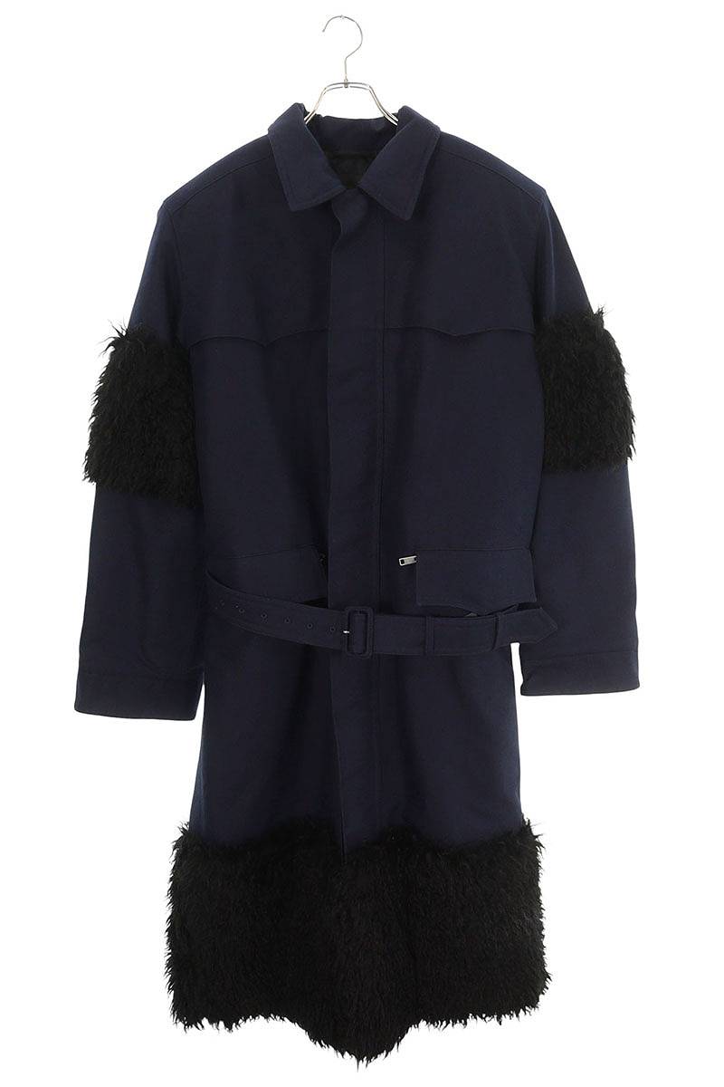 PRADA Faux Fur Long Coat Navy Black Size S