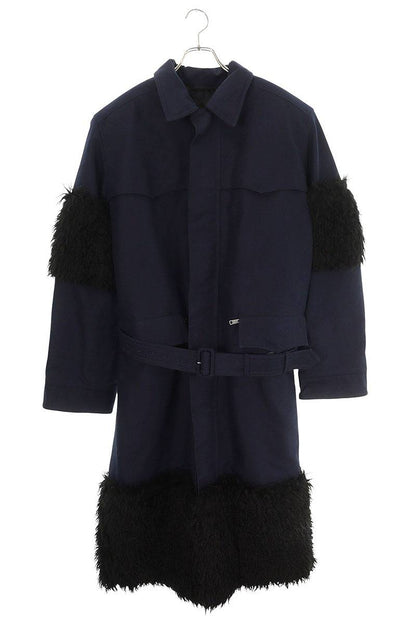 PRADA Faux Fur Long Coat Navy Black Size S