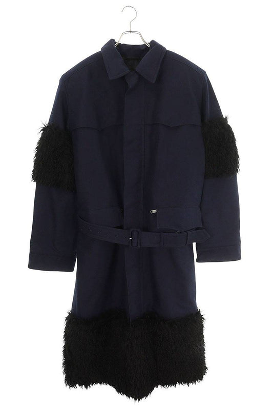 PRADA Faux Fur Long Coat Navy Black Size S