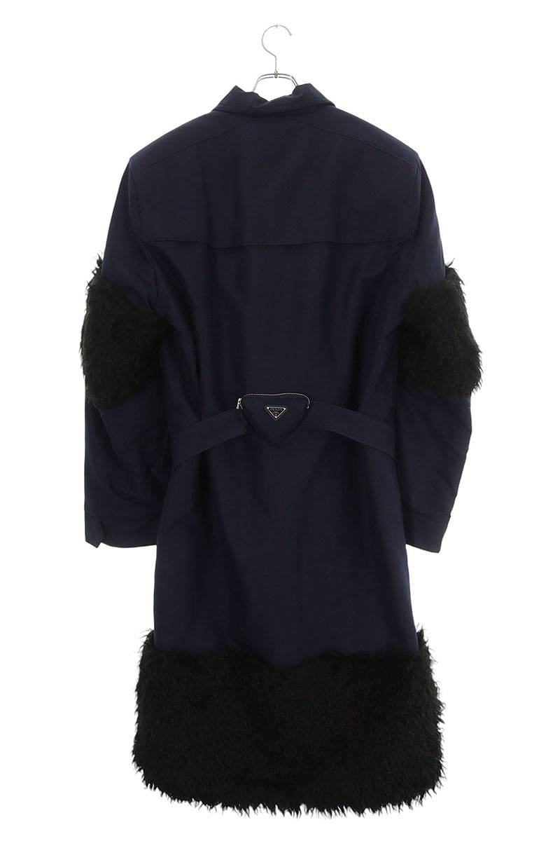 PRADA Faux Fur Long Coat Navy Black Size S