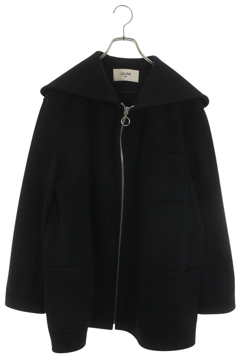 CELINE Black Cashmere Open Collar Zip Coat Size M