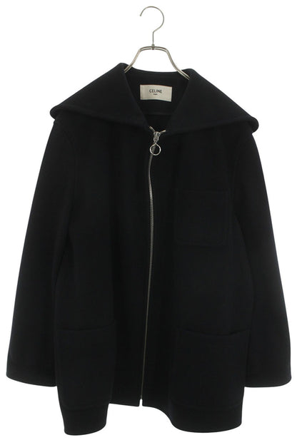 CELINE Black Cashmere Open Collar Zip Coat Size M