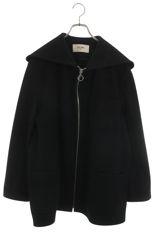 CELINE Black Cashmere Open Collar Zip Coat Size M