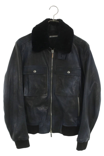 Dior HOMME Beaver Fur Collar Leather Jkt Blue Size S