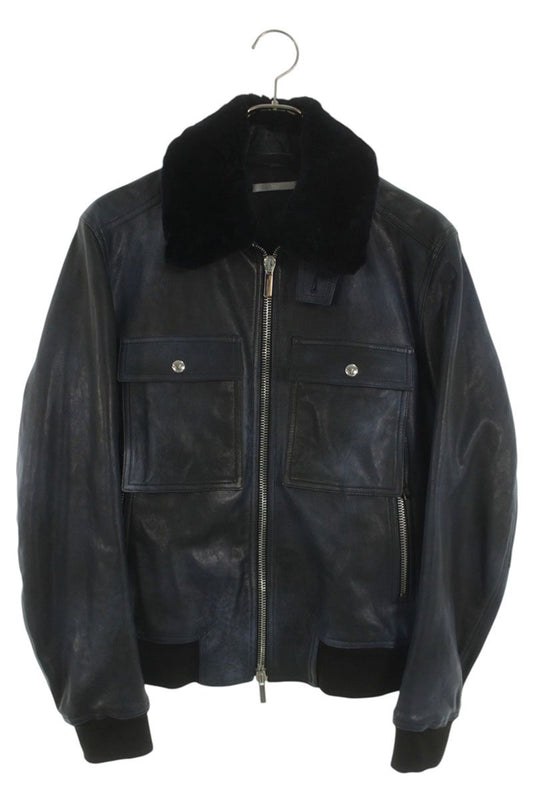 Dior HOMME Beaver Fur Collar Leather Jkt Blue Size S