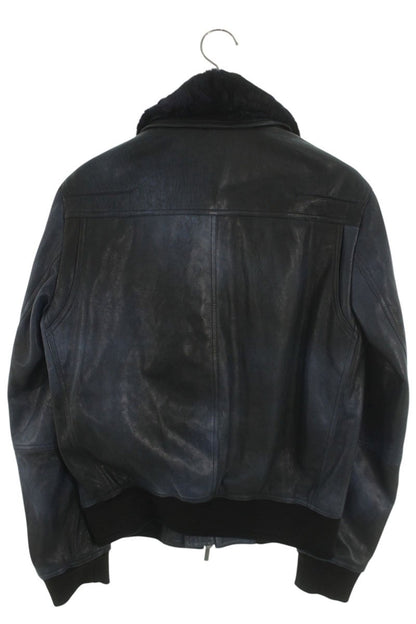 Dior HOMME Beaver Fur Collar Leather Jkt Blue Size S