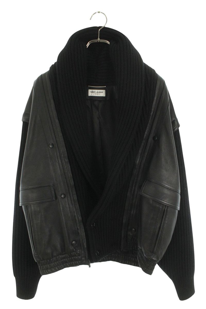 SAINT LAURENT PARIS Shawl Neck Knit Panel Leather Size XL