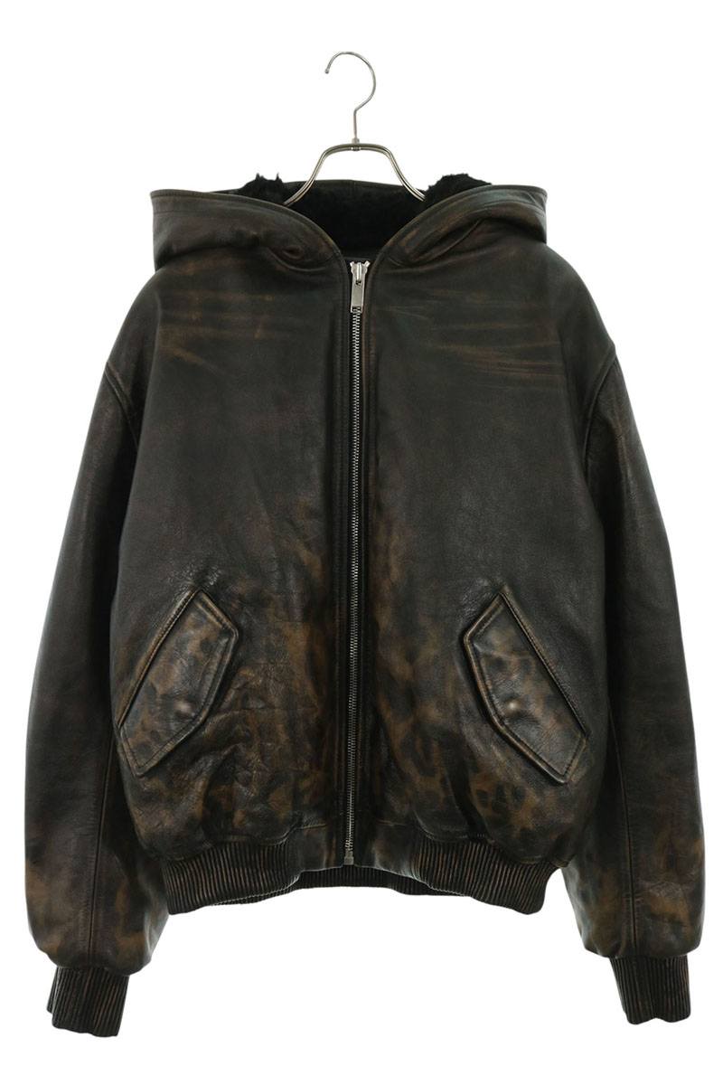 424 Leopard Print Hooded Leather Bomber Jacket Brown Size L