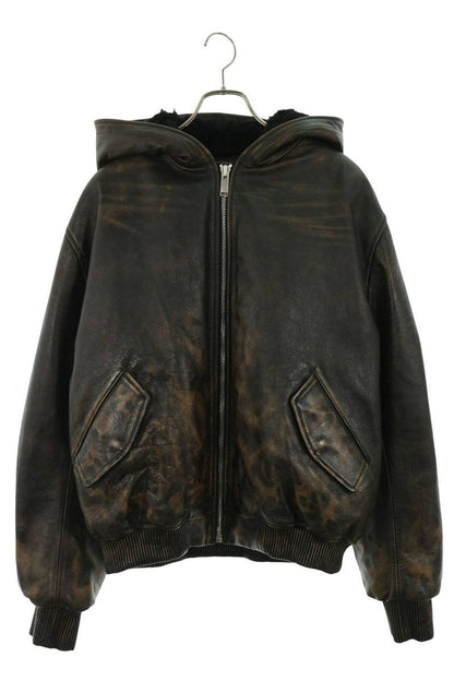 424 Leopard Print Hooded Leather Bomber Jacket Brown Size L